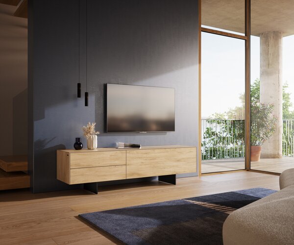 DELIFE TV stolík Cuor 180 cm keramika Laminam® Sabbia dubová farba 1 výklopné dvierka 2 zásuvky podstava závesná kov čierna