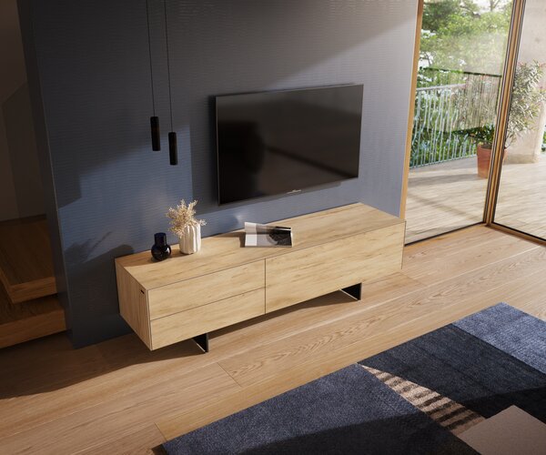 DELIFE TV stolík Cuor 180 cm keramika Laminam® Sabbia dubová farba 1 výklopné dvierka 2 zásuvky podstava závesná kov čierna