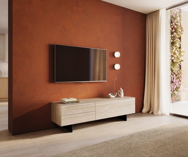 DELIFE TV stolík Cuor 180 cm keramika Laminam® Travertino Bianco krémovo biela 1 výklopné dvierka 2 zásuvky podstava závesná kov čierna