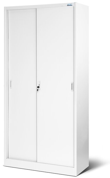 Kovová spisová policová skriňa s posuvnými dverami KUBA, 900 x 1850 x 400 mm, biela