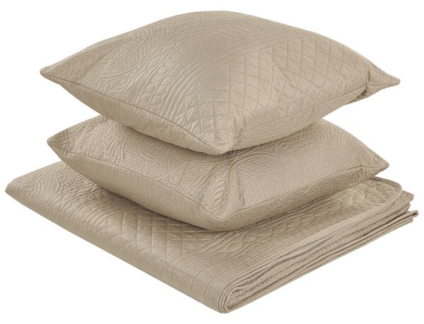 Prikrývka na posteľ s vankúšmi sivobéžová polyester 140 x 210 cm reliéfny vzor prehoz posteľná bielizeň moderný tradičný štýl spálňa