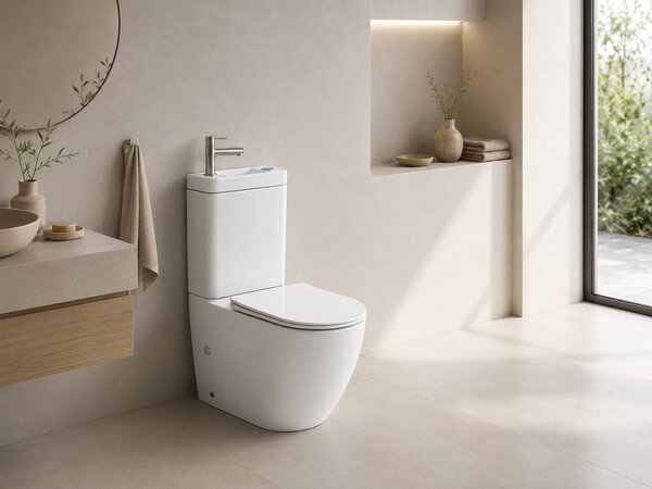 CERANO - WC kombi s umývadlom Cesso, Rimless + UF sedátko - spodný / zadný odpad - biela lesklá - 61,8x38 cm