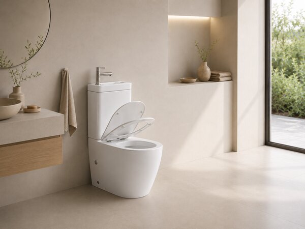 CERANO - WC kombi s umývadlom Cesso, Rimless + UF sedátko - spodný / zadný odpad - biela lesklá - 61,8x38 cm