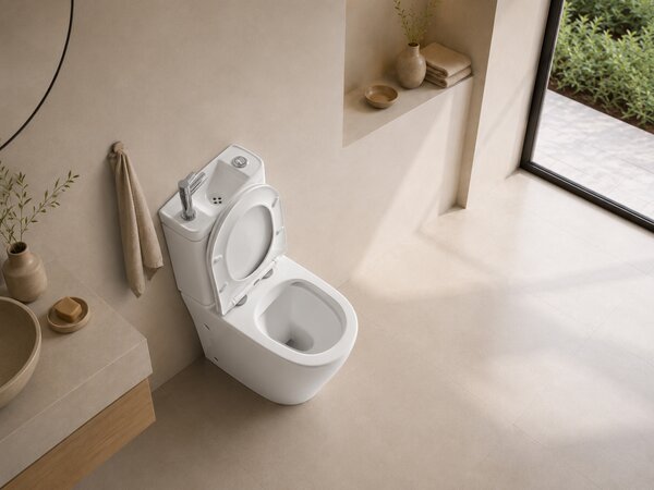 CERANO - WC kombi s umývadlom Cesso, Rimless + UF sedátko - spodný / zadný odpad - biela lesklá - 61,8x38 cm