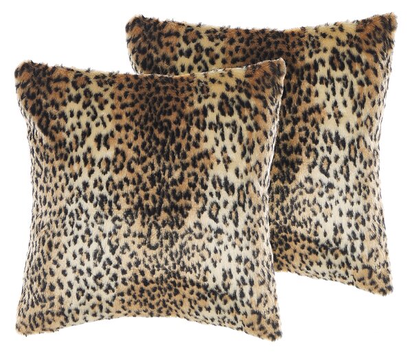 Sada 2 dekoratívnych vankúšov hnedá béžová umelá kožušina polyester 45 x 45 cm štvorcový tvar zvierací vzor leoparda glamour štýl doplnky