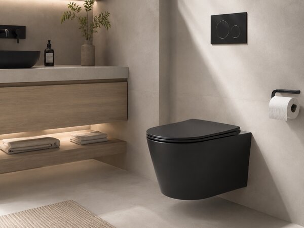 CERANO - WC závesné Hugo, Vortex Rimless + Slim/UF sedátko - čierna matná - 53x36 cm
