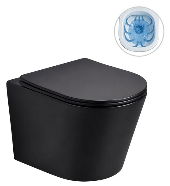 CERANO - WC závesné Hugo, Vortex Rimless + Slim/UF sedátko - čierna matná - 53x36 cm
