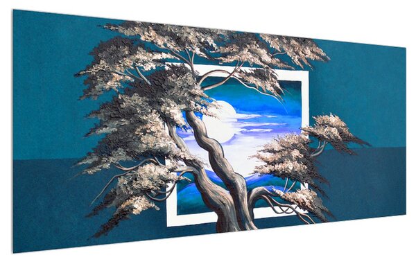 Modrý obraz stromu a východu slnka (120x50 cm)