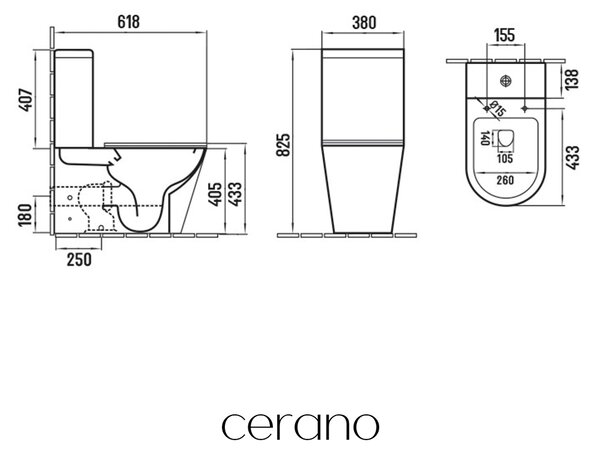 CERANO - WC kombi Carlito, Rimless - DualFlush + Slim / UF sedátko - spodný / zadný odpad - čierna matná - 61x36,5 cm
