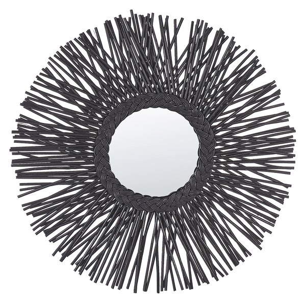 Nástenné zrkadlo čierny ratanový rám okrúhle ø 60 cm moderný dizajn v tvare slnka nástenná dekorácia