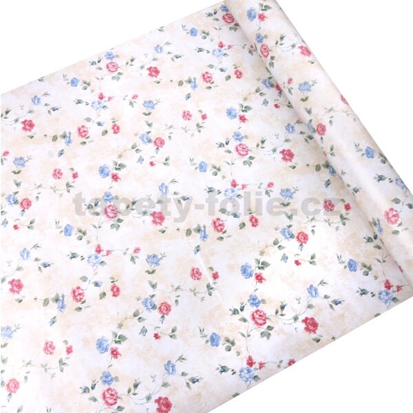Samolepiace tapety 45 cm x 10 m IMPOL TRADE 9033, ružičky modro-červené na krémovom podklade, Samolepiace tapety