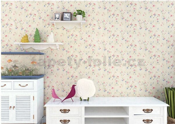 Samolepiace tapety 45 cm x 10 m IMPOL TRADE 9033, ružičky modro-červené na krémovom podklade, Samolepiace tapety
