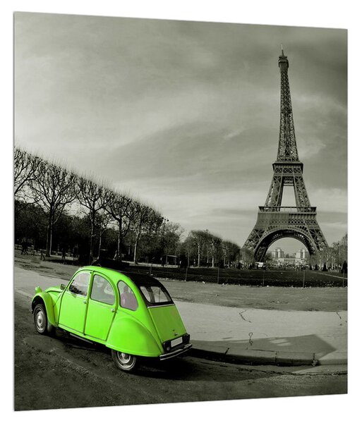 Obraz Eiffelovej veže a zeleného auta (30x30 cm)