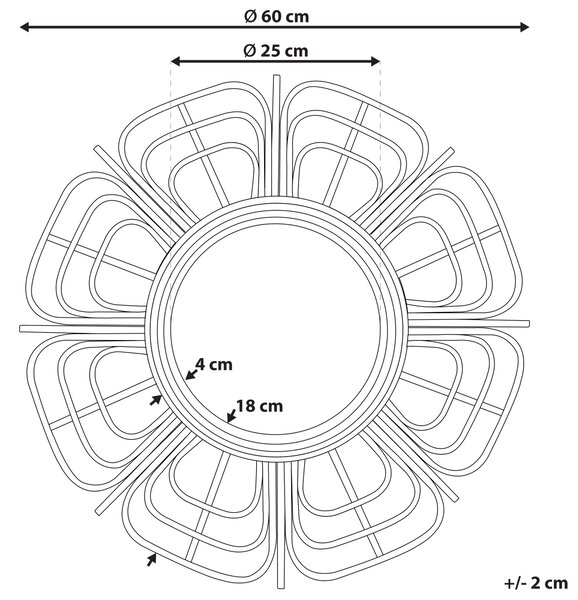 Nástenné zrkadlo čierne ratan 60 cm okrúhle v tvare slnka a kvetu s montážnymi háčikmi boho štýl obývačka spálňa