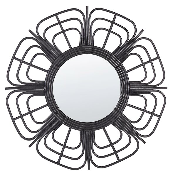 Nástenné zrkadlo čierne ratanové 60 cm okrúhle v tvare slnka a kvetu s montážnymi háčikmi boho obývacia izba spálňa