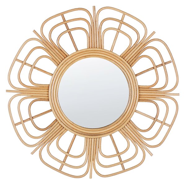 Nástenné zrkadlo béžové ratanové 60 cm okrúhle v tvare slnka a kvetu s montážnymi háčikmi boho obývacia izba spálňa