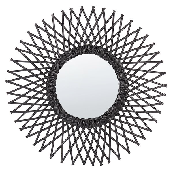 Nástenné zrkadlo čierne ratanové 60 cm okrúhle dekoratívne s montážnymi háčikmi obývacia izba spálňa