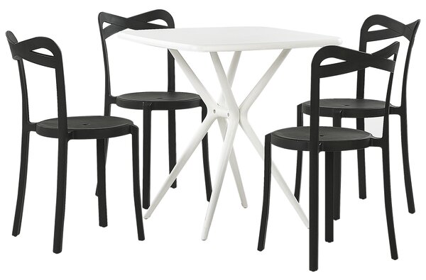 Záhradná jedálenská súprava biela a čierna syntetický materiál 4 stohovateľné stoličky štvorcový stôl plastová moderná sada