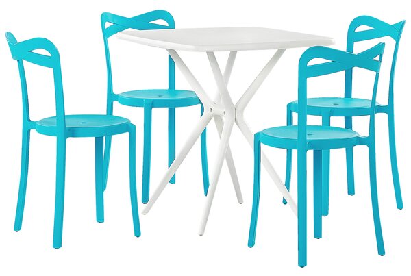 Záhradná jedálenská súprava biela a modrá syntetický materiál 4 stohovateľné stoličky štvorcový stôl plastová moderná sada
