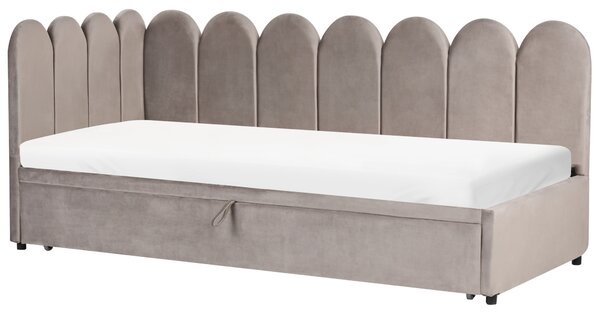 Rozkladacia posteľ sivobéžová zamatová jednolôžko 90/180 x 200 cm lamelový rošt moderný glamour štýl