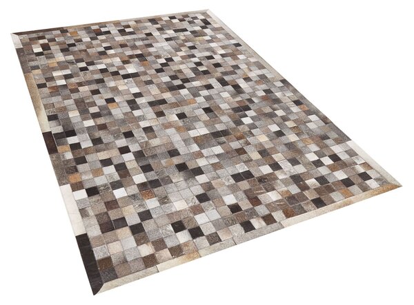 Koberec sivý hnedý a béžový kožený 140 x 200 cm patchworkový s geometrickým vzorom