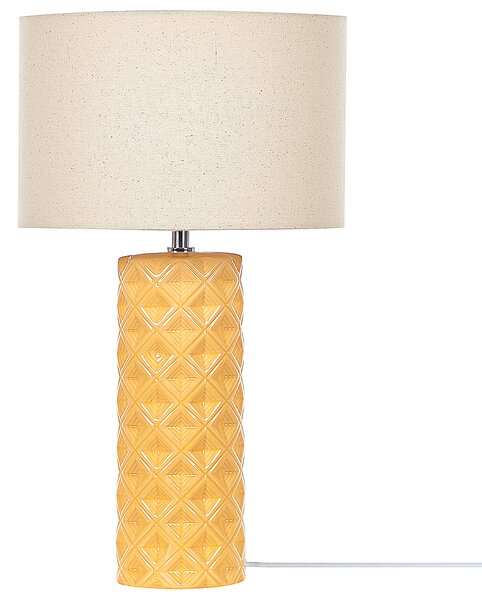 Stolná lampa žltá keramická 49 cm geometrický vzor béžové látkové tienidlo obývacia izba spálňa