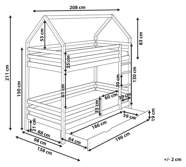 Poschodová posteľ so zásuvkami biela borovicové drevo 90 x 200 cm domček s rebríkom detská izba