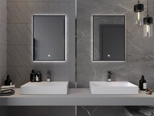 Mexen Erma LED podsvietené kúpeľňové zrkadlo 50 x 70 cm, LED 6000K, anti-pára, čierny rám - 9814-050-070-611-70