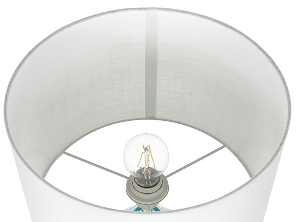 Stolná lampa tyrkysová keramická ozdobný podstavec biele látkové tienidlo boho rustikálny dizajn