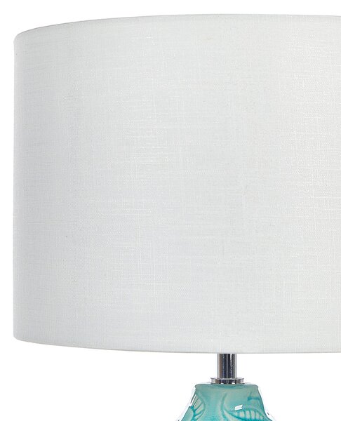 Stolná lampa tyrkysová keramická ozdobný podstavec biele látkové tienidlo boho rustikálny dizajn