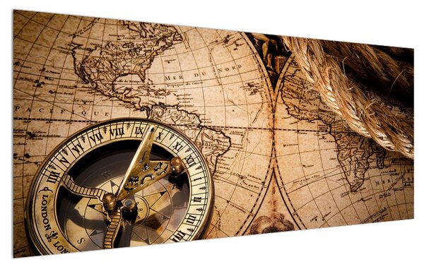 Historický obraz mapy sveta a kompasu (120x50 cm)
