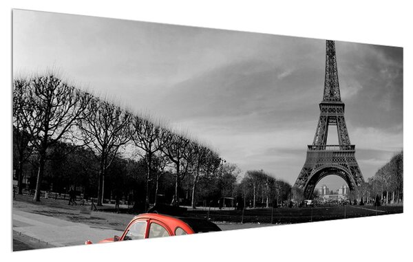 Obraz Eiffelovej veže a červeného auta (120x50 cm)