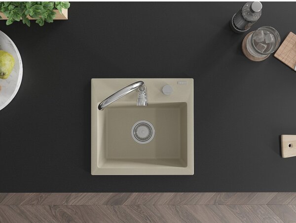 Mexen Milo granitový drez 1-komorový 435 x 410 mm, béžový, sifón chróm - 6505441000-69