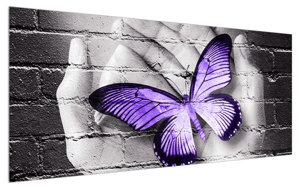 Moderný obraz dlaní s motýľom (120x50 cm)