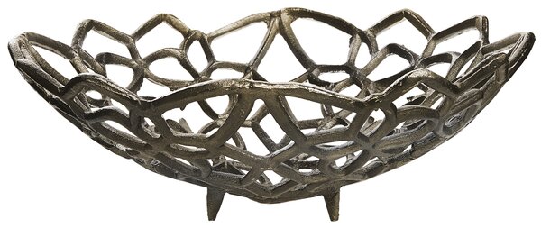 Dekoratívna misa na ovocie strieborná kovová okrúhla ozdobná miska starožitný vzhľad
