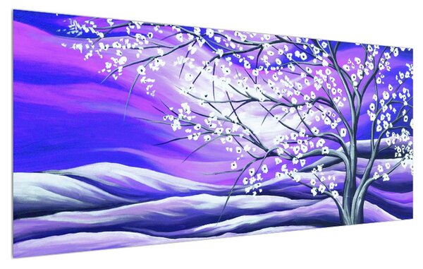 Fialový obraz rozkvitnutého stromu (120x50 cm)