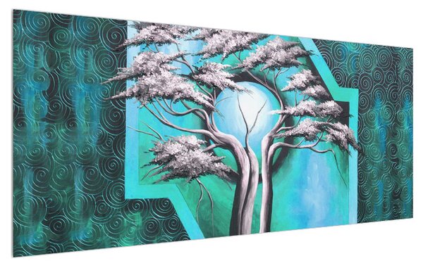 Orientálny modrý obraz stromu a slnka (120x50 cm)