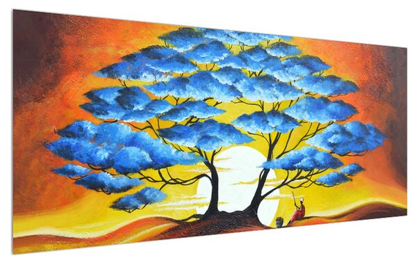 Orientálny obraz modrého stromu a slnka (120x50 cm)