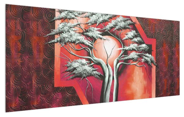 Orientálny červený obraz stromu a slnka (120x50 cm)