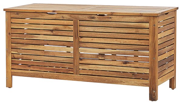 Úložný box z akáciového dreva svetlohnedý 130 x 64 x 48 cm olejovaná povrchová truhlica na terasu, záhradu, balkón