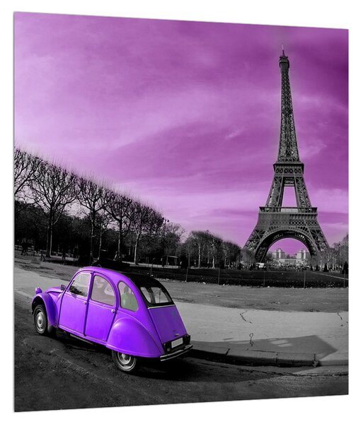 Obraz Eiffelovej veže a fialového auta (30x30 cm)