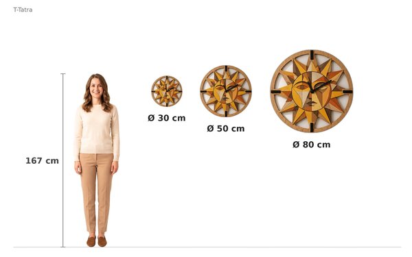 3D Dubové drevené hodiny T-Tatra Slnko Delego - 30cm-50cm-80 cm