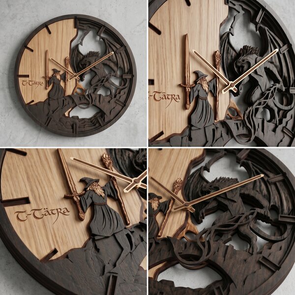 3D Dubové drevené hodiny LOTR Gandalf and Balrog 30cm-50cm-80cm