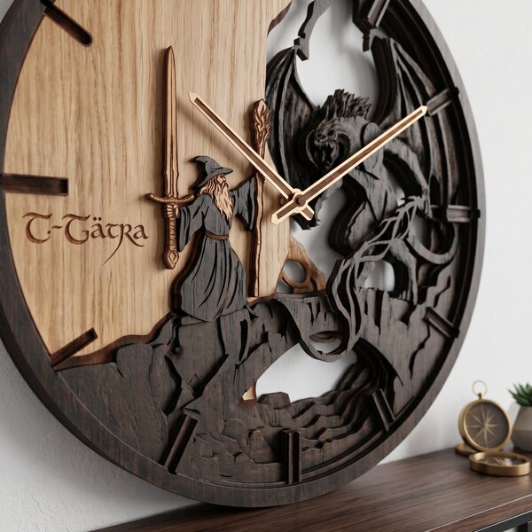 3D Dubové drevené hodiny LOTR Gandalf and Balrog 30cm-50cm-80cm