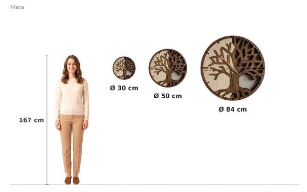 3D Dubové drevené hodiny T-Tatra Oak 30cm-50cm-80cm Strom života Atama