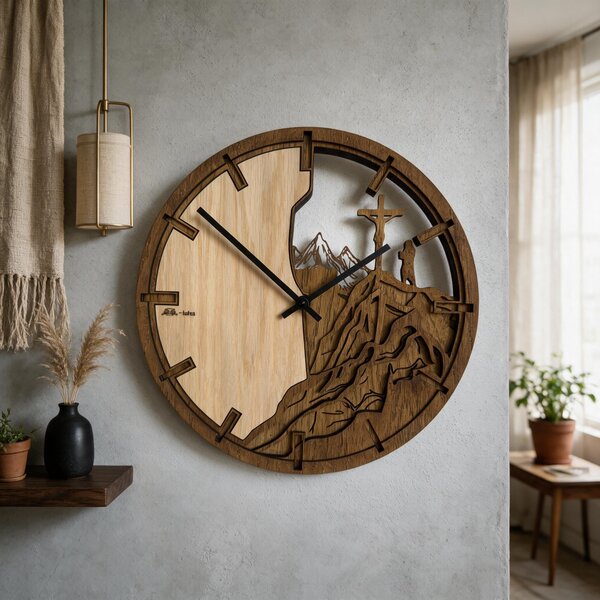3D Dubové drevené hodiny Hory a Kríž 30cm-50cm-80cm Atama