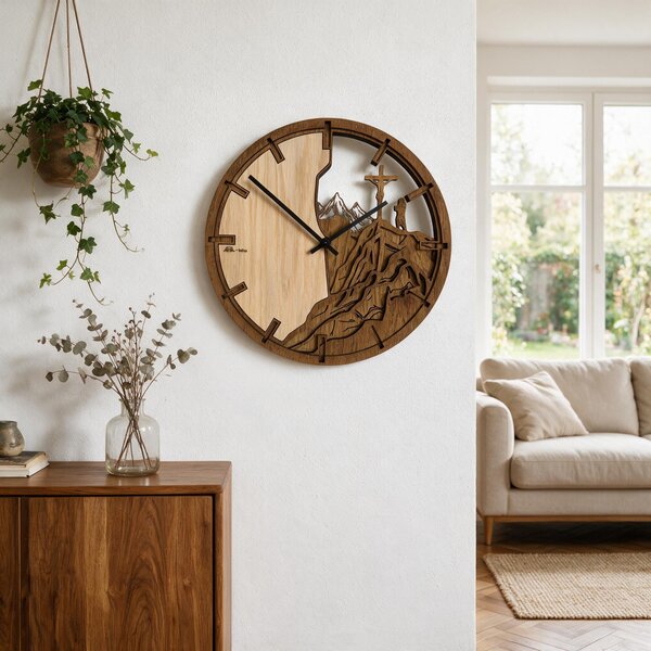 3D Dubové drevené hodiny Hory a Kríž 30cm-50cm-80cm Atama