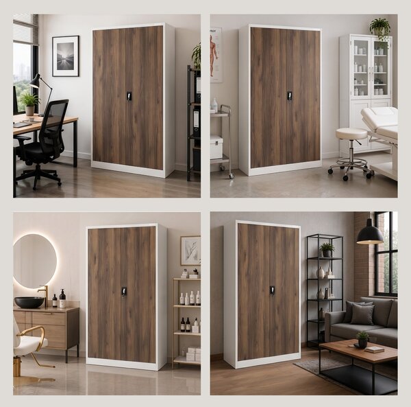 Kancelárska kovová skriňa na spisy biela / orech: Eco Design JAN II, 1150 x 1850 x 400 mm