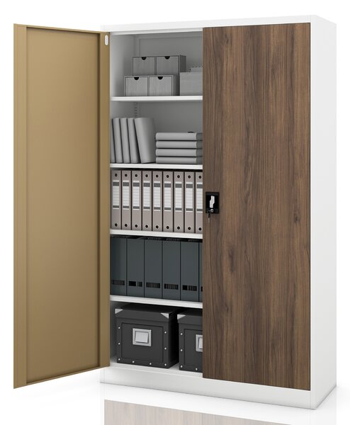 Kancelárska kovová skriňa na spisy biela / orech: Eco Design JAN II, 1150 x 1850 x 400 mm