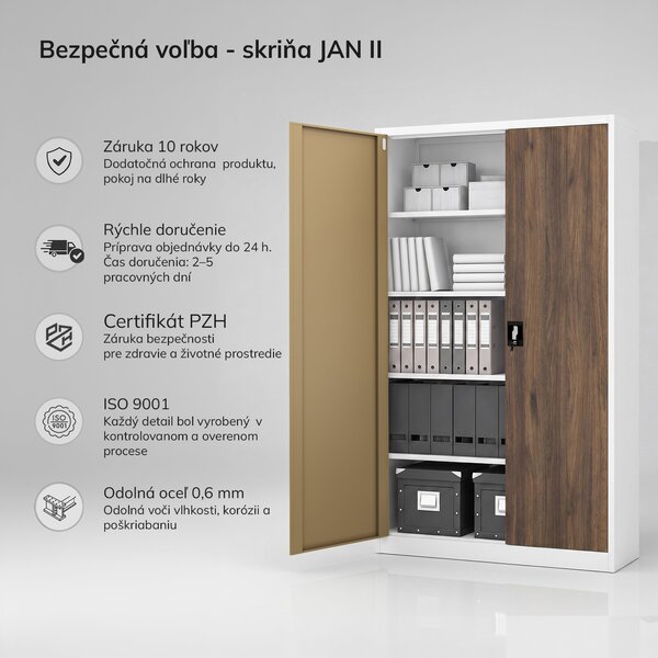 Kancelárska kovová skriňa na spisy biela / orech: Eco Design JAN II, 1150 x 1850 x 400 mm